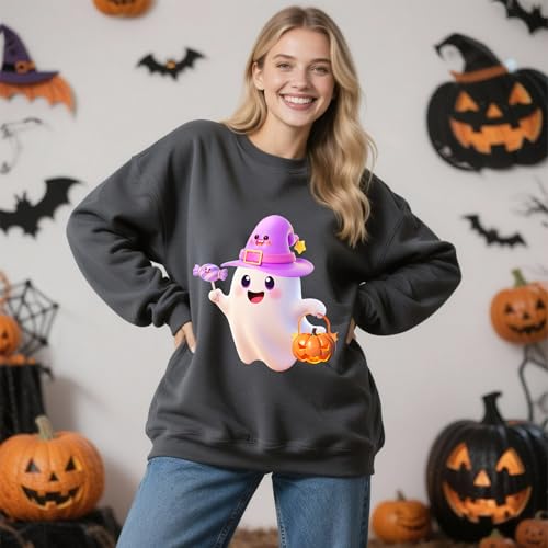 IRUD Halloween Sweatshirts for Women - Oversized Ghost Pumpkin Lantern Candy Pattern Round Neck Casual Long Sleeve - image 7
