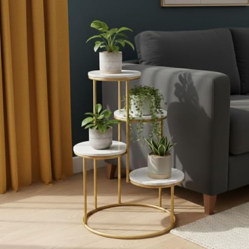 Image of Modern 4-Tier Plant Stand Indoor Metal & Wood | 60 cm Tall Multi-Level Flower Pot Stand | Heavy Duty Corner Plant Rack for Living Room, Balcony, Garden | Decorative Plant Holder for Indoor Use (White Gold)