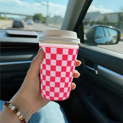 Image of Reusable Insulated Sleeve for Iced Coffee Cup, Coffee Neoprene Sleeve for Cold & Hot Drinks, Beverage Holder for Iced Coffee (Pink Grid, Small: 16-18oz)