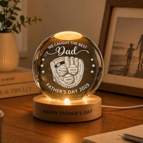 Image of Personalized Baseball Dad Night Light, Custom Sports Dad Gift, We Caught The Best Daddy Crystal Ball Lamp, Fathers Day Gift from Kids, Custom Fathers Day Gift