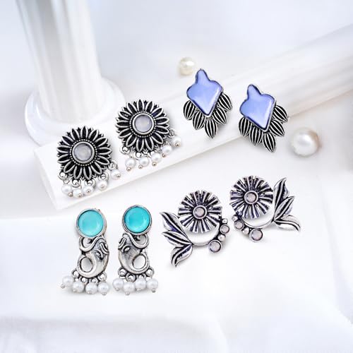 Image of FUBS Oxidized Designer Stud Earrings Set of 12 with Folding Jewelry Box | Traditional & Modern Earring Set for Women & Girls