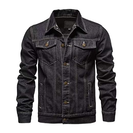 SHINROAD Chaqueta vaquera para hombre Color sólido de manga larga ropa de abrigo de un solo botonadura cuello vuelto Jeans Abrigo Streetwear Negro XL