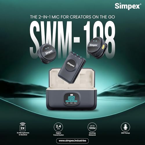 Image of Simpex SWM 108 Dual Wireless Collar Label Microphone with ENC Noise Cancellation & Charging Case, Type C & 8 Pin Receiver,Wireless Microphone for iPhone, Android, Vlog, Streaming.