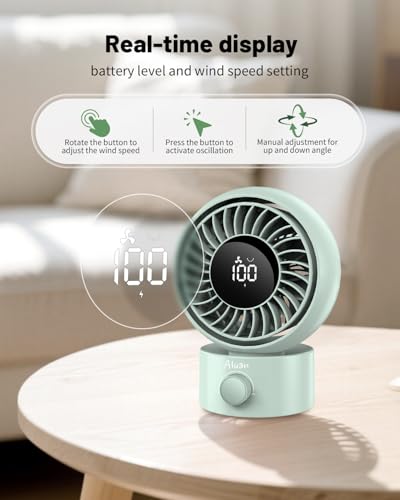 Image of Aluan 7-Inch Portable Rechargeable Fan, Table Fan with 90 Oscillation, 10 Speed Settings, Quiet Airflow & Battery Indicator for Home, Desk & Travel