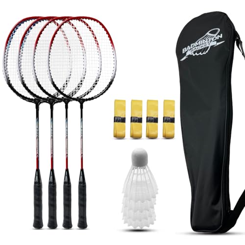 Magicorange badmintonracketar set med 4 för utomhusspel i bakgården, inklusive 4 racketar, 4 ersättningsgreppband och 1 bärväska (röd)