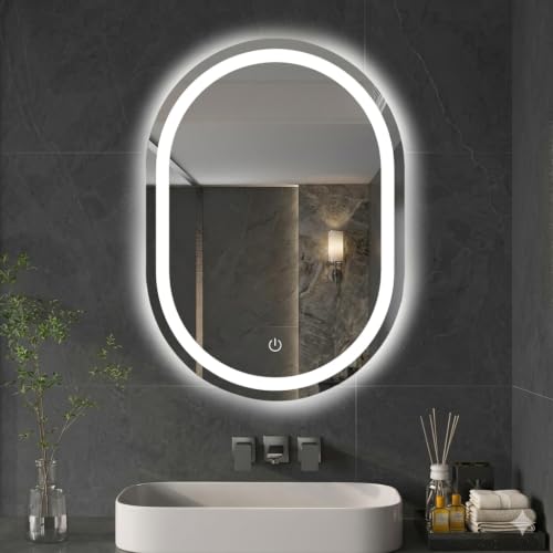 Image of 24 x 18 Inch Capsule LED Bathroom Mirror with Front-Lit Vanity Lights | Memory Function | Touch Sensor | 3 Color Dimmable Adjustable Brightness | Premium LED Lighted Mirror for Wall