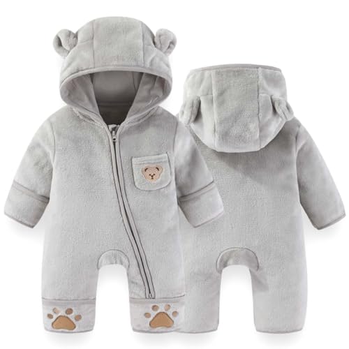Image of Fairy Baby Newborn Baby Bear Outfit With Fold-Over Mittens Footies Thin Fleece Romper Hooded Jumpsuit Winter Coat Girls Boys