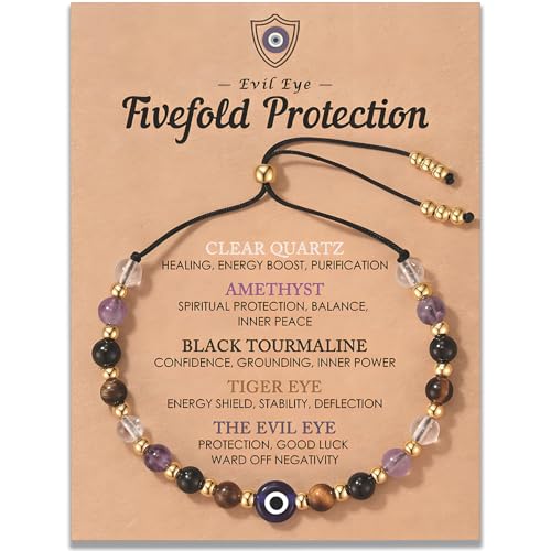 Virelle Evil Eye Bracelet - Protection Bracelet for Women & Men with 5 Healing Crystals - Adjustable Stone Spiritual Guardian Jewelry Gift with Meaning Card