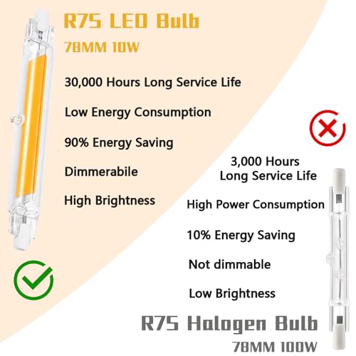 LVLIZHHO R7s LED 78mm 10W Dimmbar, 10W R7S LED COB Leuchtmittel Ersatz für 100W Halogenstab, Warmweiß 3000K 1000LM, Kein Flackern, 360°Abstrahlwinkel, AC/DC 220-240V, 2er Pack