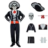 Day Of The Dead Costume for Men Mariachi Suit Adults Dia De Los Muertos Costumes Mask with Hat for Halloween Cosplay XS