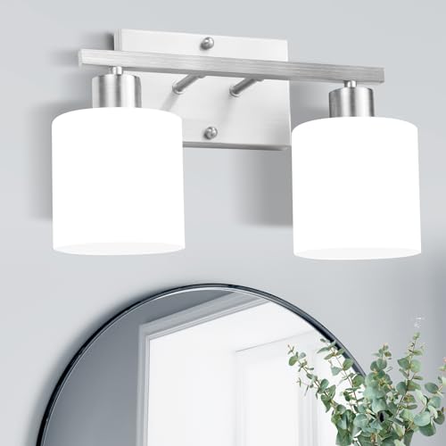 Image of SILAMPDI Bathroom Lighting Fixtures Over Mirror Brushed Nickel, Modern 2-Light Vanity Lights Fixtures, Wall Sconces Light for Bedroom, Hallway, Milky White Glass Shades, E26 Base, Bulbs Not Included