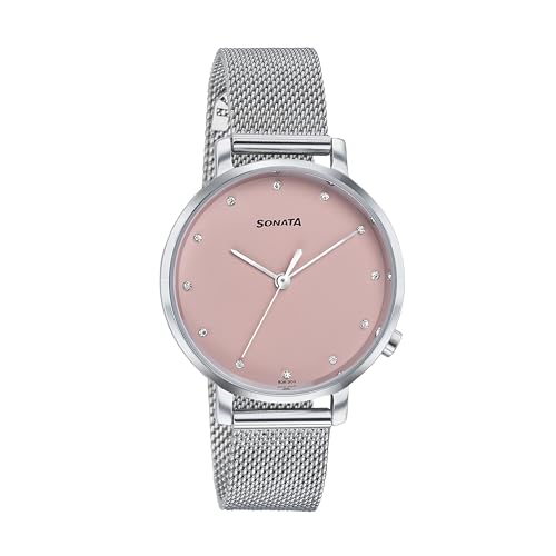 Image of Sonata Elegent Essentials Quartz Analog Pink Dial Stainless Steel Strap Watch for Women