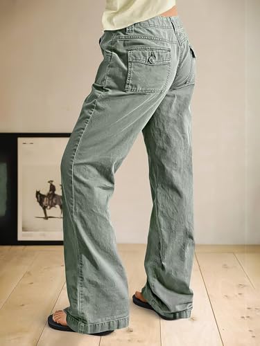 Flamingals Straight Leg Pants for Women Mid Rise Casual Drawstring Solid Patch Pocket Bootcut Pants4