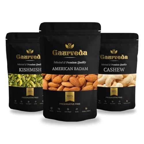 Image of GAURVEDA Chia Seeds, Basil Seeds and Gond Katira Combo Pack (50 Grams Each, Badam + Kishmish + Kaju)
