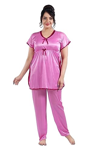 Image of Fabme Women's Satin Plain Kaftan Top & Pyjama Set