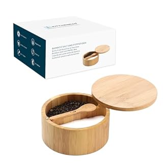 KITCHENDAO Salt and Pepper Box - Dual 7oz Containers, Built-in Serving Spoon to Avoid Dust, Swivel Lid to Keep Dry, Sea Salt Spice Seasoning Keeper Holder,4.96"L x 2.56"H"