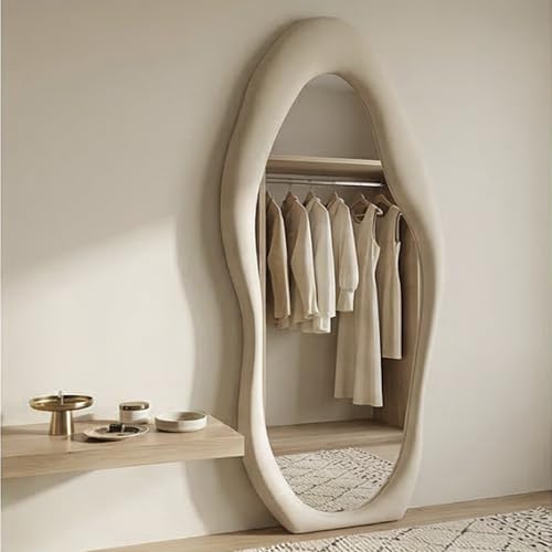 Image of The Artment Fluid Reflection Unbreakable Full-Length Asymmetrical Shape Mirror with Plush Velvet Beige Color Frame, Floor-Standing or wall-Leaning Design for Bedroom & Dressing Area (170 X 70 CM)
