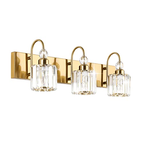 Image of Ralbay Brass Gold Bathroom Vanity Lights 3-Lights Brass Gold Crystal Vanity Lights Over Mirror Modern Crystal Brass Gold Bathroom Vanity Lighting Fixtures