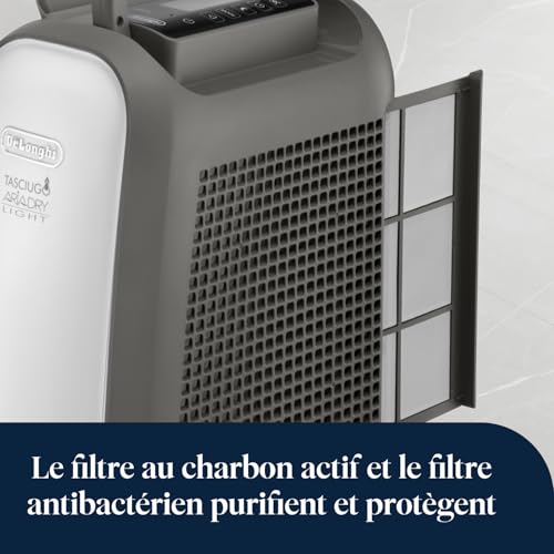 De’Longhi Tasciugo AriaDry Light - Déshumidificateur Portable pour la Maison, Zéolite et Ioniseur, Élimination Humidité 7,5L/24h, Séchage, Anti-Moisissure, Mode Swing, Minuteur, Gris (DNS80)