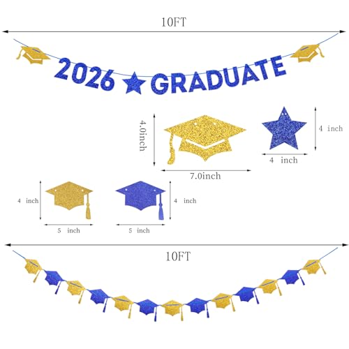 Image of Navy-Blue White-Gold Party-Decoration Graduation Banner - 8pcs Kits Cap Garland Streamers, Paper Tissue Pom Poms Flowers, 2025 Craduate Banner Congratulations Grad Decor Lasting Surprise
