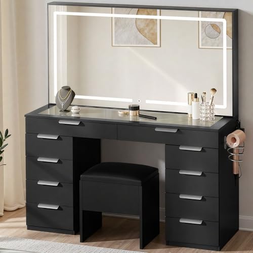 DWVO Vanity Desk with Mirror and Lights, Spacious Vanity Table and Chair Set with Power Outlets & 10 Storage Drawers, Comfy Makeup Vanity Table Desk Set with 3 Lighting Modes