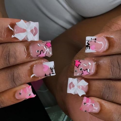 Yhiyrto(にょうそ) バレンタインデー用プレスオンネイル ショートスクエアつけ爪 3Dリボン スティックオンネイル フレンチチップ 人工爪 24個