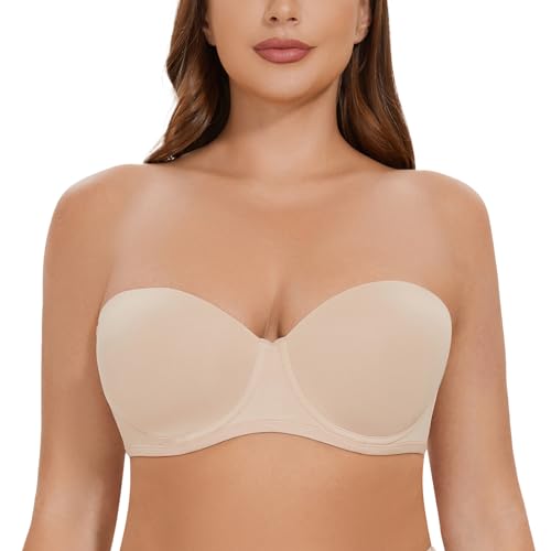 CASOLACE Women's Back Smoothing Plus Size Underwire Bandeau Strapless Bra Beige 46DD