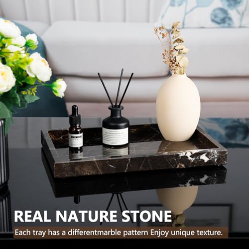 Image of Real Natural Marble Tray for Bathroom, Vanity, Kitchen and Desktop, Rectangle Genuine Marble Stone Tray for Jewelry, Cosmetics, Candles, Lotion, Perfume and Home Decor Brown