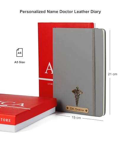 Image of AICA Personalized Name & Charm Doctor Leather Notebook Diary - A5 Size, 180 Ruled Pages (Grey) | Customized Gift for Doctors Retirement Farewell Appraisal Birthday For Men Women Girls Boys