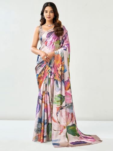 Image of Satrani Women's Satin Digital Printed Saree with Unstitched Blouse Piece