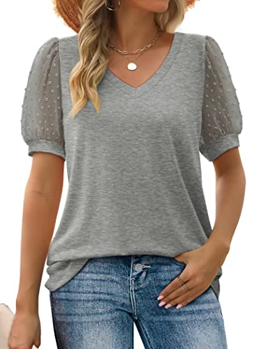 Image of Aokosor Womens Summer Tops V Neck T Shirts Swiss Dot Puff Sleeve Tops Loose Casual Tshirts