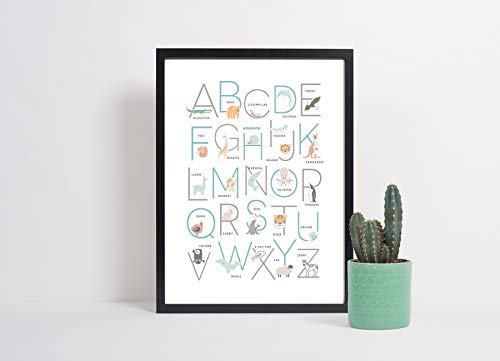Animal Alphabet Kids Wall Art Poster 11X14" | Abc Chart Nursery Wall Art Decor | Woodland Animals Letters Room Prints | Gender Neutral Educational Classroom Poster | 6 Variants (2 Sizes, 3 Colors) #TOP4