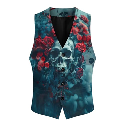 Rose Skull Men's Suit Vest Waistcoat Vests Formal Dress with 2 Pockets for Business Casual Tuxedo3