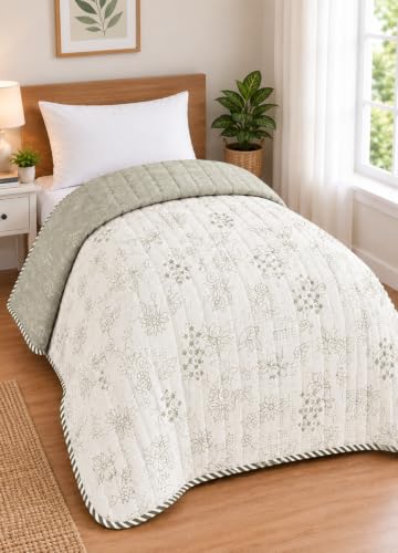 Image of RRC Floral Print Cotton Jaipuri Comforter for Single Bed | White & Green Lightweight AC Rajai | Soft Breathable 200 GSM Quilt | Summer Comforter Pack of 1