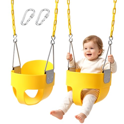 High Back Full Bucket Toddler Swing Seat with Finger Grip, Plastic Coated Chains and Carabiners for Easy Install (Yellow, No Cushion)