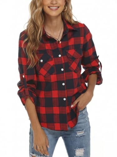 Famrrifuu Karierte Bluse Damen Langarm Karobluse Flanell Knopfleiste...