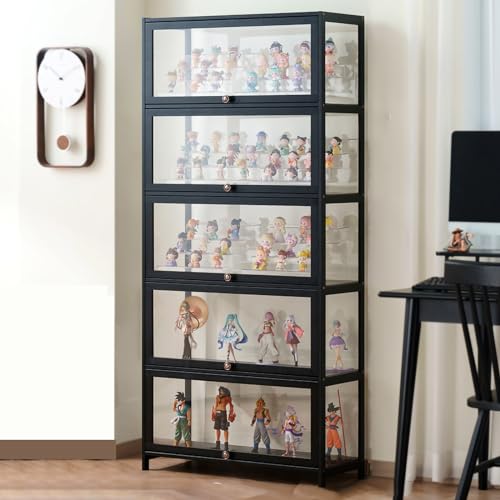 コレクションケースフガラスケースディスプレイラックフィギュアケース アクリルケース フィギュア棚 ショー大型キャビネット透明パネル大容量コレクションラックプレイケース ガラス棚 ガラスケース 棚 天然竹フレーム、安全で健康、ホバー 80cm ブラック5層