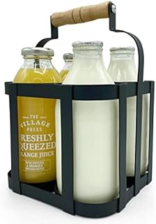 Milk Bottle Holder Doorstep in Black Metal with Wooden Handle - Carrier Fits 4 Standard Pint Sized UK Milk Bottles Vintage Retro Traditional Design