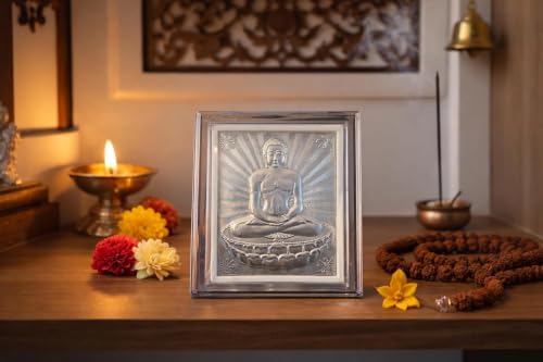 Image of Silver 999 Bal Shree Mahavir Swami Photo Frame for Pooja, Car Dashboard | Vardhamana Sanmati Ativira Jina Nayaputta Unique Jain God Frame for Home, Office, Living Room, Spiritual Puja Room, Wedding Return Gifts- 11x9x4 CM