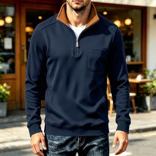 Elneeya Mens Long Sleeve Shirts Fleece Textured Retro Quarter Zip Pullover - image 2