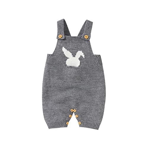 Douhoow Newborn Baby Boy Girl Easter Outfit Knitted Bunny Romper Overalls with Front Pocket (Grey, 12-18 Months)