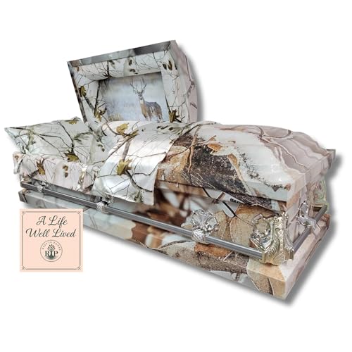 Rest In Power Premium Camo Burial Casket for Humans Elegant Caskets and Burial Coffins for Adults with Lush Comfort Plus Interior (White)
