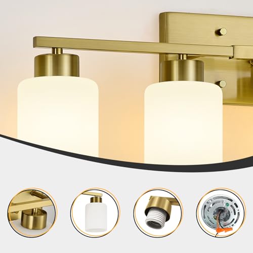 Image of FonmYim Brushed Gold Bathroom Light Fixtures, 4-Light Modern Vanity Light Over Mirror, Wall Sconces with Milky White Frosted Glass Shades, E26 Socket (Bulbs Not Included)