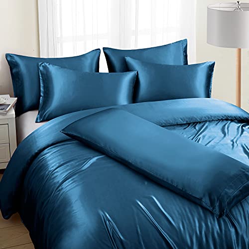 Image of Ersmak 6 Pieces Satin Duvet Cover King Size Luxury Silky Bedding Duvet Cover Set with 1 Soft Duvet Cover, 4 King Pillowcases and 1 Body Pillowcase, Navy Blue