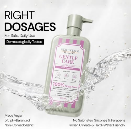Image of Gentle Daily Face Cleanser, Soap-Free pH-Balanced Face Wash with Multi-Fruit AHA, Aloe Vera, Alpha-Arbutin, Allantoin & Panthenol | For Normal, Oily, Combination & Sensitive Skin | Sulphate Free Cleanser for Men, Women, Boys, Girls & Teens | 200ml | Clarity Labs