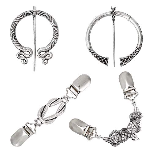 GORGECRAFT 4pcs Vintage Viking Brooches Pins Scarf Cloak Shawl Buckle Clasp Pin Brooch Women Girls Decorative Clothes Costume Accessories Fashion Jewelry, Antique Silver