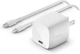 Belkin BoostCharge USB C 30W GaN Wall Charger w/ Power Delivery - iPhone Charger Fast Charging - USB C Charger for MacBook Pro, iPhone 14, iPhone 13, iPhone 12, iPad Pro - Includes Lightning Cable