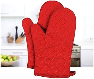 Heat Resistant Kitchen Mitts, Dualeco Non-Slip Cotton Quilted Oven Gloves with Silicone, Mitts for Cooking, Grilling, Baking, Barbecue Potholder 1 Pair, Red