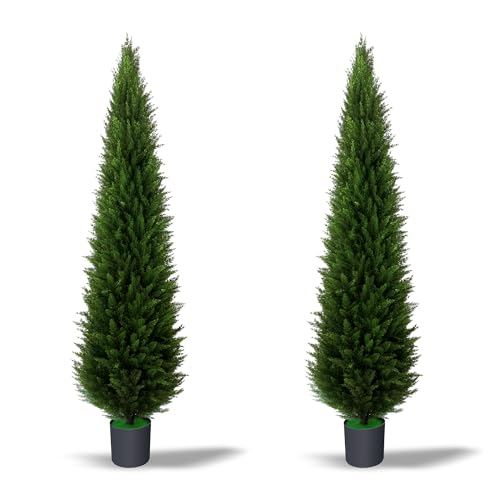 6ft Artificial Plants Outdoor & Indoor Fake Trees Set of 2, Large Tall Cypress Tree UV Resistant...