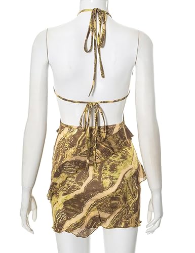 Image of Yuopeid Women's Sexy Halter Neck Backless Printed Mini Dress Floral Layered Ruffle Bodycon Short Party Dress